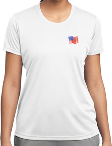 Ladies Waving USA Flag Patch Pocket Print Dry Wicking Tee - Yoga Clothing for You