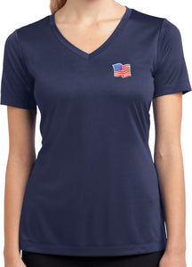 Waving USA Flag Patch Pocket Print Ladies Dry Wicking V-Neck - Yoga Clothing for You