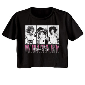 Whitney Houston Three Sketched Portraits Ladies Black Crop Shirt - Yoga Clothing for You