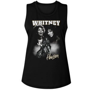 Whitney Houston Three Poses Motorcycle Collage Ladies Sleeveless Muscle Black Tank Top - Yoga Clothing for You