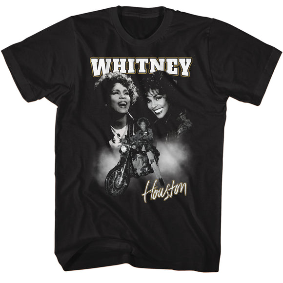 Whitney Houston Three Poses Motorcycle Collage Black Tall T-shirt - Yoga Clothing for You