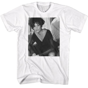 Whitney Houston Leaning Black and White Photo White T-shirt - Yoga Clothing for You