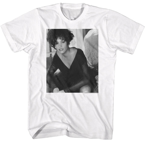 Whitney Houston Leaning Black and White Photo White T-shirt - Yoga Clothing for You