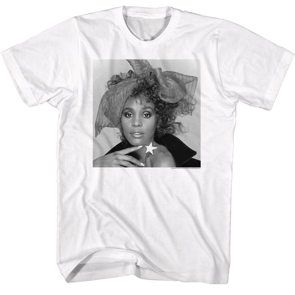 Whitney Houston Black and White Hairbow Photo White T-shirt - Yoga Clothing for You