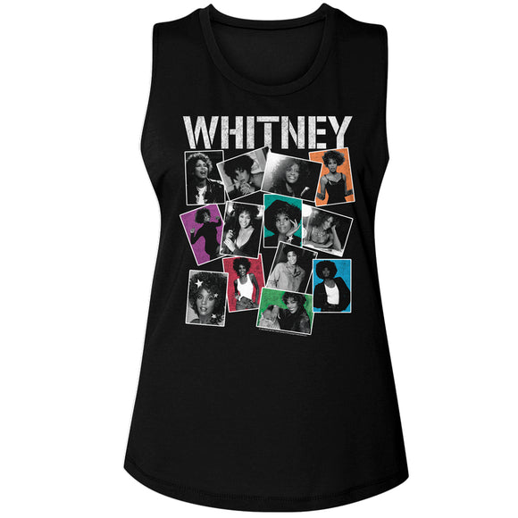 Whitney Houston Colorful Photo Collage Ladies Sleeveless Muscle Black Tank Top - Yoga Clothing for You