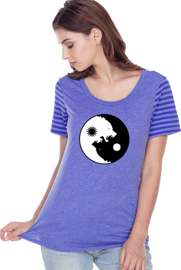 Yin Yang Wolves Striped Multi-Contrast Yoga Tee Shirt - Yoga Clothing for You