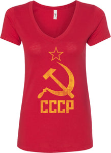 Ladies Soviet Union T-shirt Distressed CCCP V-Neck - Yoga Clothing for You