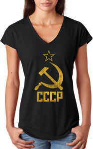Ladies Soviet Union T-shirt Distressed CCCP Triblend V-Neck - Yoga Clothing for You