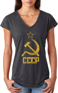 Ladies Soviet Union T-shirt Distressed CCCP Triblend V-Neck - Yoga Clothing for You