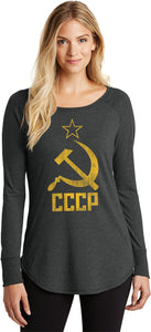 Ladies Soviet Union Shirt Distressed CCCP Tri Blend Long Sleeve - Yoga Clothing for You