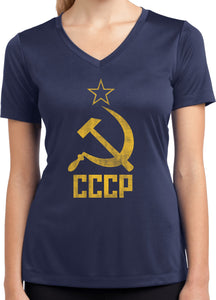 Ladies Soviet Union T-shirt Distressed CCCP Dry Wicking V-Neck - Yoga Clothing for You