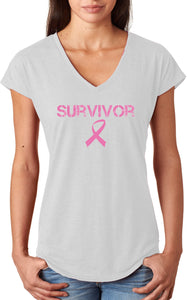 Ladies Breast Cancer T-shirt Survivor Triblend V-Neck - Yoga Clothing for You