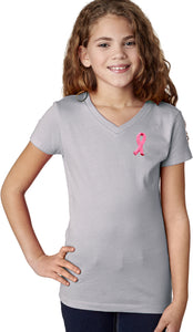 Girls Breast Cancer Tee Embroidered Ribbon Pocket Print V-Neck - Yoga Clothing for You