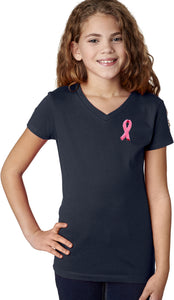 Girls Breast Cancer Tee Embroidered Ribbon Pocket Print V-Neck - Yoga Clothing for You