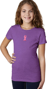 Girls Breast Cancer T-shirt Embroidered Pink Ribbon Small Print - Yoga Clothing for You