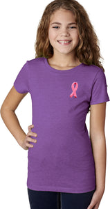 Girls Breast Cancer T-shirt Embroidered Pink Ribbon Pocket Print - Yoga Clothing for You