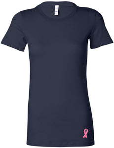 Breast Cancer Embroidered Ribbon Bottom Ladies Longer Length Tee - Yoga Clothing for You