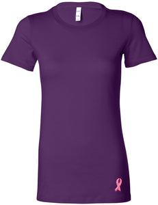 Breast Cancer Embroidered Ribbon Bottom Ladies Longer Length Tee - Yoga Clothing for You