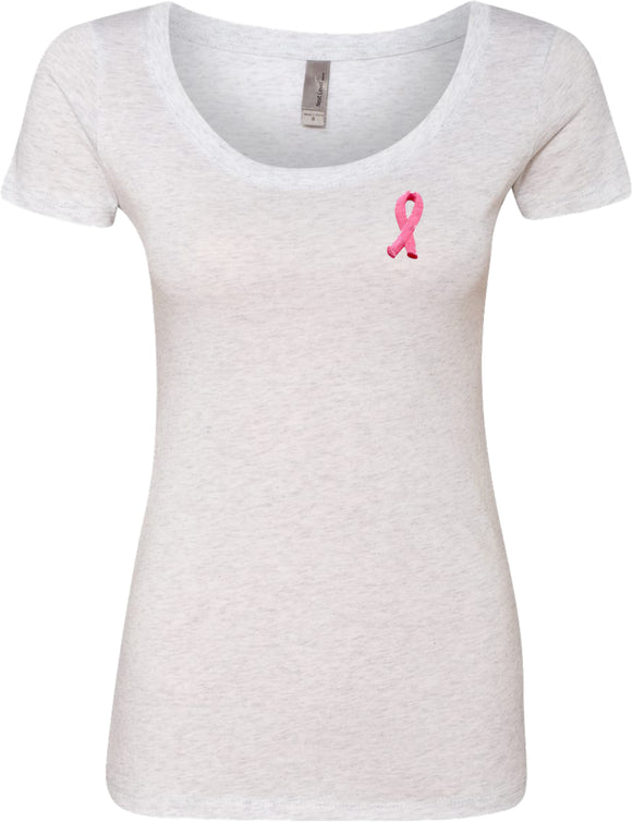 Ladies Breast Cancer T-shirt Embroidered Pink Ribbon Scoop Neck - Yoga Clothing for You