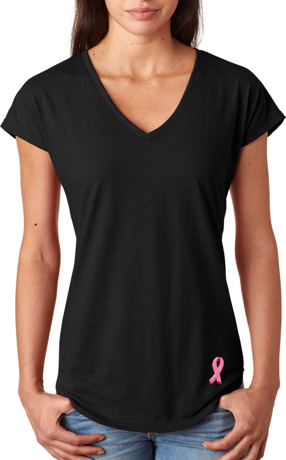 Ladies Breast Cancer Tee Embroidered Ribbon Bottom Tri V-Neck - Yoga Clothing for You