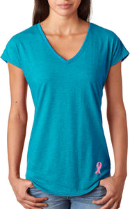 Ladies Breast Cancer Tee Embroidered Ribbon Bottom Tri V-Neck - Yoga Clothing for You