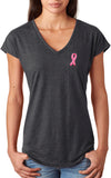 Ladies Breast Cancer Tee Embroidered Pink Ribbon Triblend V-Neck - Yoga Clothing for You