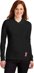 Ladies Breast Cancer Tee Embroidered Ribbon Bottom Hooded Shirt - Yoga Clothing for You