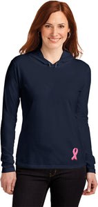 Ladies Breast Cancer Tee Embroidered Ribbon Bottom Hooded Shirt - Yoga Clothing for You