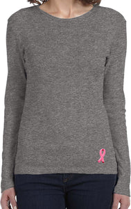 Ladies Breast Cancer Tee Embroidered Ribbon Bottom Long Sleeve - Yoga Clothing for You