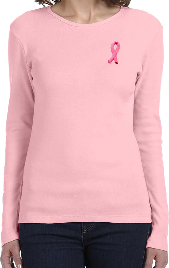 Ladies Breast Cancer T-shirt Embroidered Pink Ribbon Long Sleeve - Yoga Clothing for You