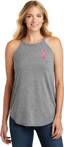 Breast Cancer Embroidered Pink Ribbon Ladies Tri Rocker Tanktop - Yoga Clothing for You