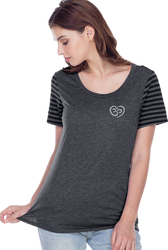 OM Heart Pocket Print Striped Multi-Contrast Yoga Tee - Yoga Clothing for You