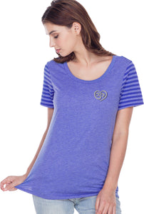 OM Heart Pocket Print Striped Multi-Contrast Yoga Tee - Yoga Clothing for You