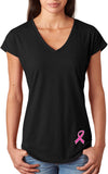 Breast Cancer Pink Ribbon Bottom Print Ladies Triblend V-Neck - Yoga Clothing for You