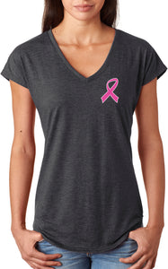 Ladies Breast Cancer Tee Pink Ribbon Pocket Print Triblend Vneck - Yoga Clothing for You