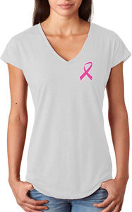 Ladies Breast Cancer Tee Pink Ribbon Pocket Print Triblend Vneck - Yoga Clothing for You