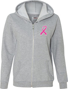 Ladies Breast Cancer Full Zip Hoodie Pink Ribbon Pocket Print - Yoga Clothing for You