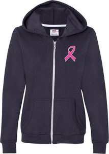 Ladies Breast Cancer Full Zip Hoodie Pink Ribbon Pocket Print - Yoga Clothing for You