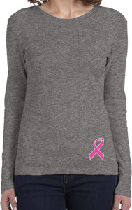 Ladies Breast Cancer Shirt Pink Ribbon Bottom Print Long Sleeve - Yoga Clothing for You