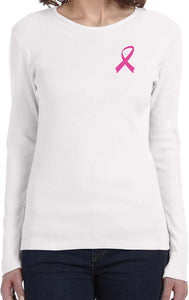 Ladies Breast Cancer Shirt Pink Ribbon Pocket Print Long Sleeve - Yoga Clothing for You