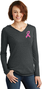 Breast Cancer Pink Ribbon Pocket Print Ladies Tri Blend Hoodie - Yoga Clothing for You