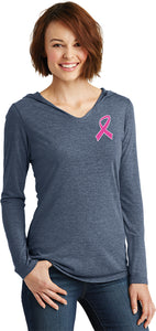 Breast Cancer Pink Ribbon Pocket Print Ladies Tri Blend Hoodie - Yoga Clothing for You