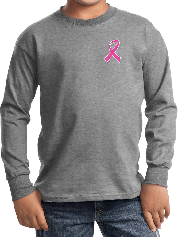 Kids Breast Cancer T-shirt Pink Ribbon Pocket Print Long Sleeve - Yoga Clothing for You