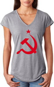 Ladies Soviet Union Shirt Red Hammer and Sickle Triblend V-Neck - Yoga Clothing for You