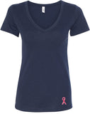 Ladies Breast Cancer T-shirt Sequins Ribbon Bottom Print V-Neck - Yoga Clothing for You