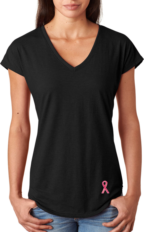 Breast Cancer Sequins Ribbon Bottom Print Ladies Triblend V-Neck - Yoga Clothing for You