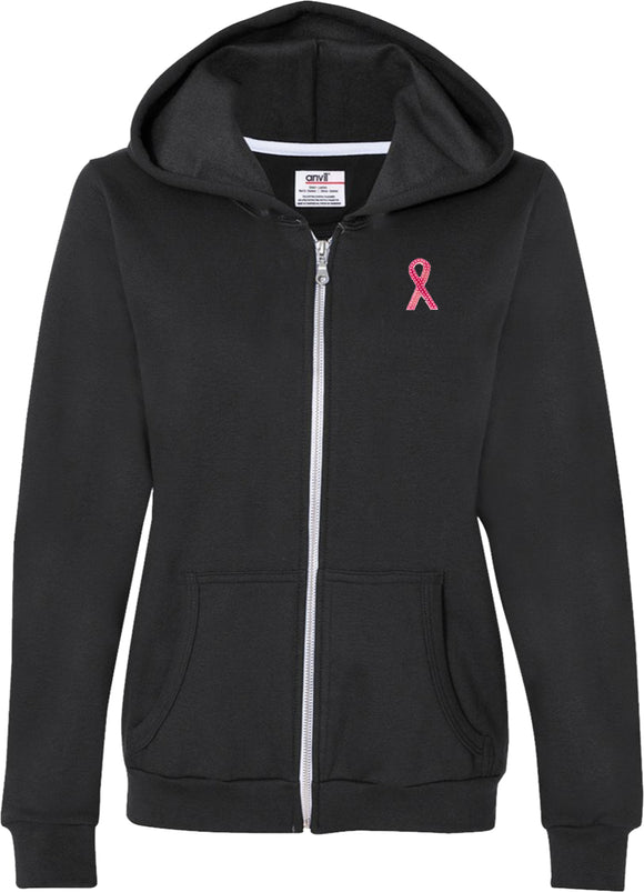 Ladies Breast Cancer Full Zip Hoodie Sequins Ribbon Pocket Print - Yoga Clothing for You