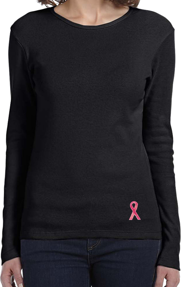Ladies Breast Cancer Tee Sequins Ribbon Bottom Print Long Sleeve - Yoga Clothing for You
