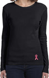 Ladies Breast Cancer Tee Sequins Ribbon Bottom Print Long Sleeve - Yoga Clothing for You