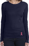 Ladies Breast Cancer Tee Sequins Ribbon Bottom Print Long Sleeve - Yoga Clothing for You